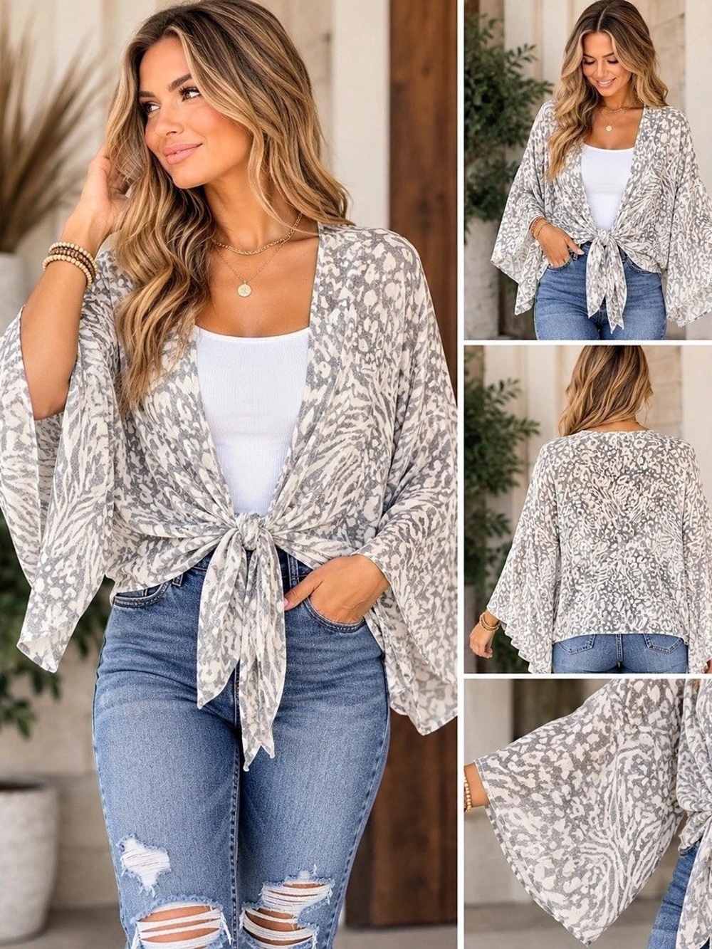 HYFVE Animal Print Tie-Front Tunic in Gray & White Large NWT- large